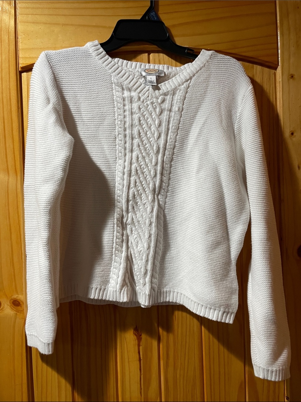 Talbots White Cable-Front V-Neck Sweater
